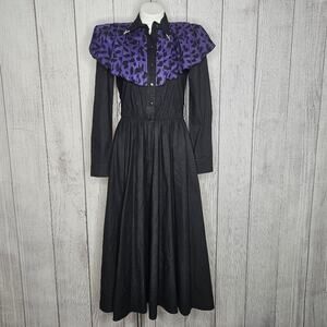 Vintage Lilia Smitty Black Western Dress Purple Print Yoke Shirt Dress, sz Small